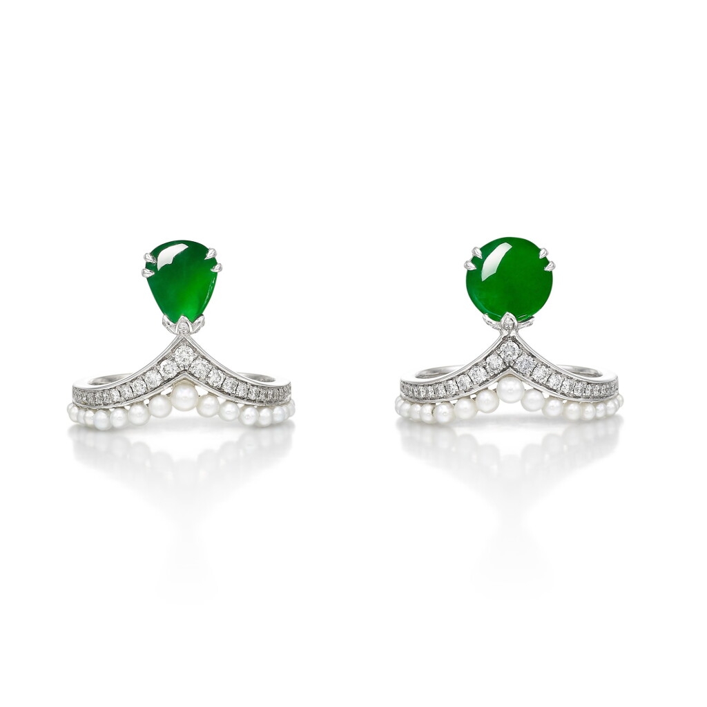 View full screen - View 1 of Lot 2918. Two Jadeite, Seed Pearl and Diamond Rings | 天然翡翠 配 珍珠 及 鑽石 戒指兩枚.