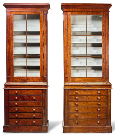 View full screen - View 1 of Lot 216. A NEAR PAIR OF WILLIAM IV MAHOGANY MUSEUM CABINETS, CIRCA 1835.