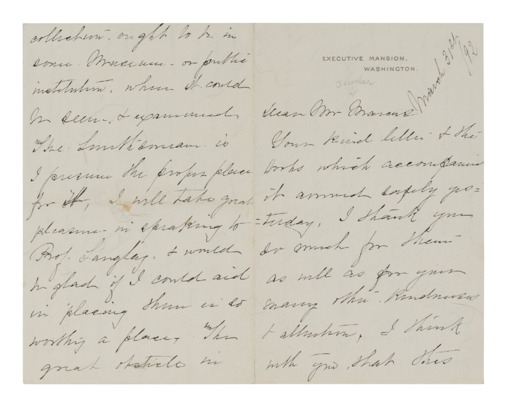 View full screen - View 1 of Lot 33. Harrison, Caroline Scott | Caroline Harrison praises the United States and excoriates Congress, while pledging to assist a jeweler in placing a commemorative suite in the Smithsonian.