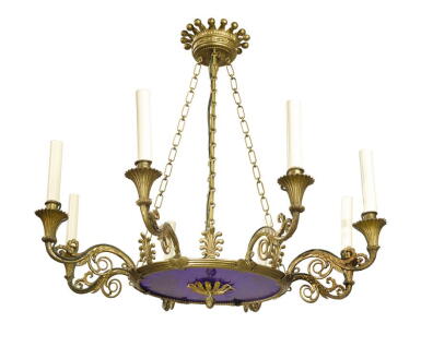 View full screen - View 1 of Lot 70. A German Neoclassical Gilt Metal and Cobalt Glass Eight-Light Chandelier after a design by Schinkel, Circa 1815.