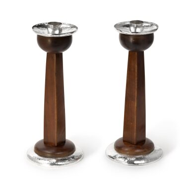 View full screen - View 1 of Lot 18. A Large Pair of American Arts & Crafts Silver-Mounted Wood Candlesticks, First Half 20th Century.