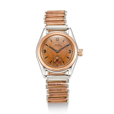 View full screen - View 1 of Lot 2173. ROLEX | A STAINLESS STEEL AND PINK GOLD WRISTWATCH WITH TWO TONE DIAL AND BRACELET, CIRCA 1934 | 勞力士 | 精鋼及粉紅金鏈帶腕錶,備雙色錶盤,錶殼編號30967,約1934年製.