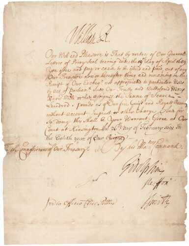 View full screen - View 1 of Lot 130. William III | document signed, ordering a payment, 1698.