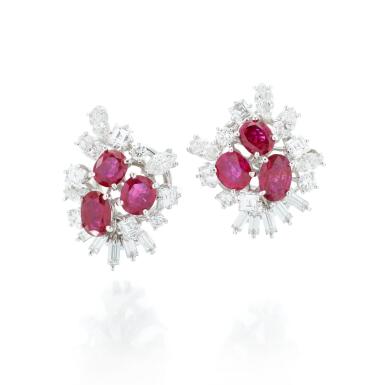 View full screen - View 1 of Lot 123. Pair of ruby and diamond ear clips (Paio di orecchini con rubini e diamanti).