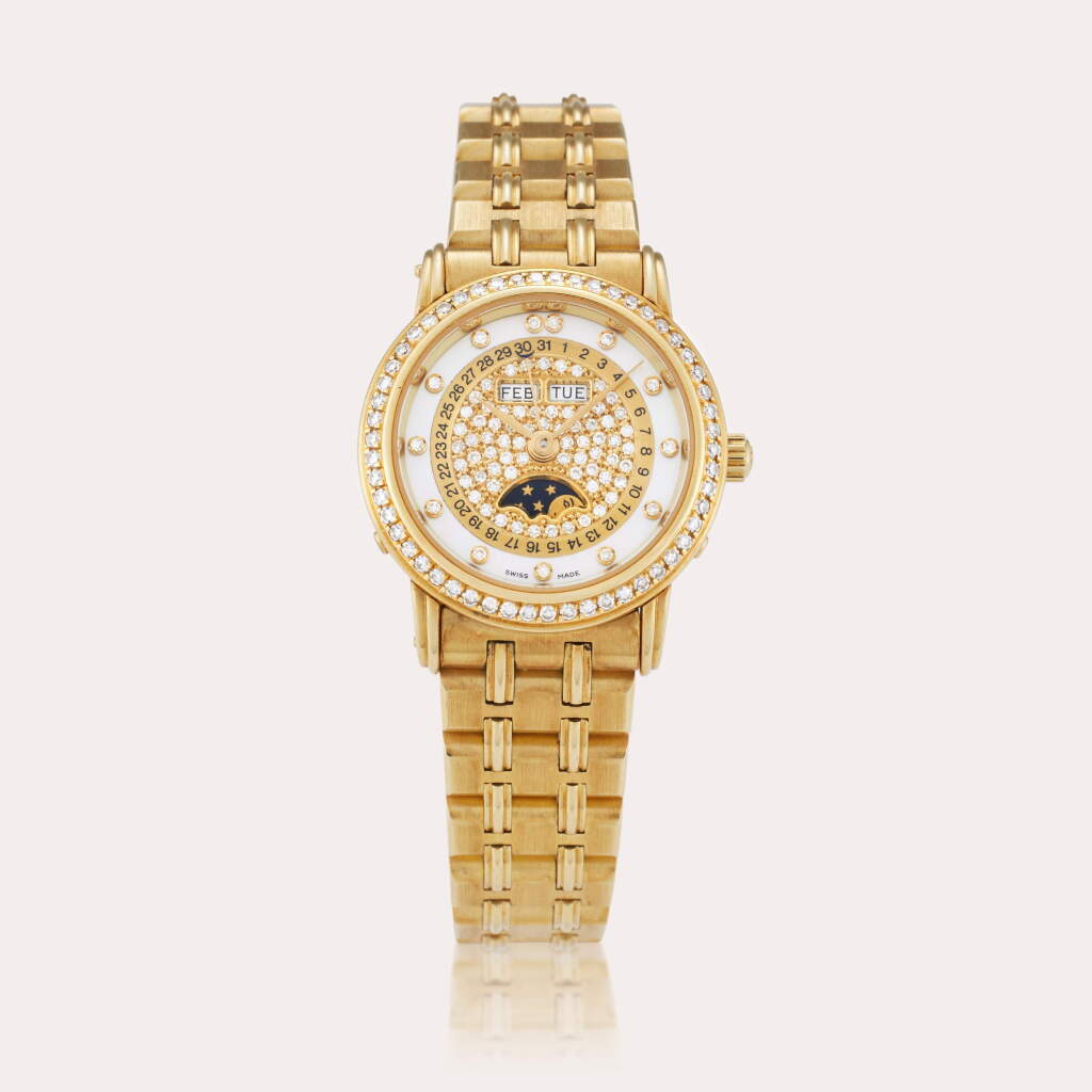 View full screen - View 1 of Lot 354. Reference 6395-1896A-30A Villeret | A yellow gold and diamond-set automatic annual calendar wristwatch with moon phases, bracelet, and mother-of-pearl dial, Made in 1989.
