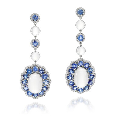 View full screen - View 1 of Lot 24. PAIR OF MOONSTONE, SAPPHIRE AND DIAMOND EARRINGS.