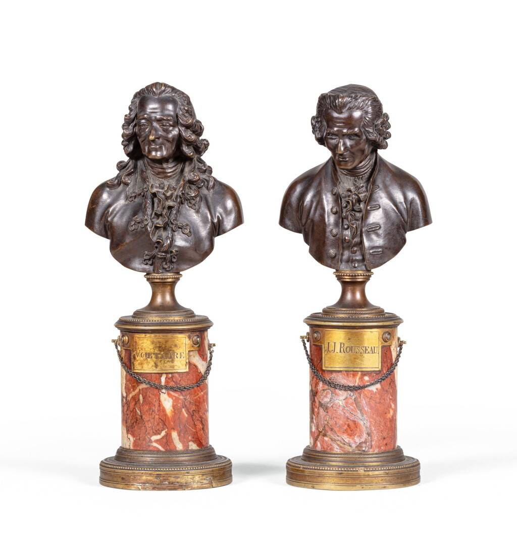 View full screen - View 1 of Lot 95. A pair of French patinated bronze busts, late 18th century - early 19th century | Paire de bustes en bronze patiné, travail français, fin du XVIIIème siècle - début XIXème siècle.