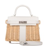 Hermès White Mini Kelly Picnic 20cm of Osier Wicker and Swift Leather with Palladium Hardware