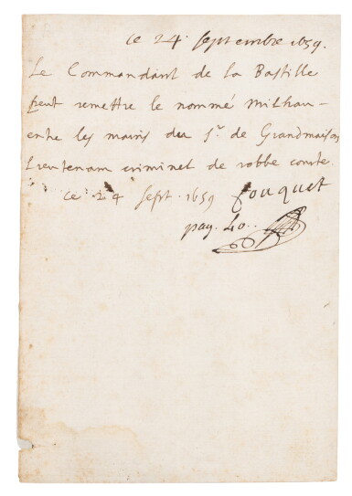 View full screen - View 1 of Lot 8. Billet autogr. signé et paraphé d'une autre main. 24 sept. 1659. 1/2 p. in-8. Ordre de sortie d'un gazetier embastillé..