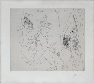 View full screen - View 1 of Lot 1233. Pablo Picasso 巴布羅・畢加索 | Raphael et la Fornaria. V: Avec Voyeur Écartant le Rideau, from the 347 Series (Bloch 1780; Baer 1797) 拉斐爾與弗納麗娜 V:拉開窗簾的偷窺者,347系列(Bloch 1780; Baer 1797).