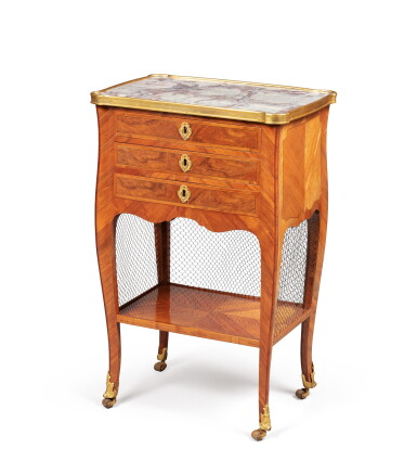 View full screen - View 1 of Lot 77. A Louis XV gilt-bronze mounted tulipwood and holly table à écrire, by Jean-François Leleu, circa 1760 | Table à écrire en bronze doré, bois de rose et houx d'époque Louis XV, estampillé LELEU, vers 1760.
