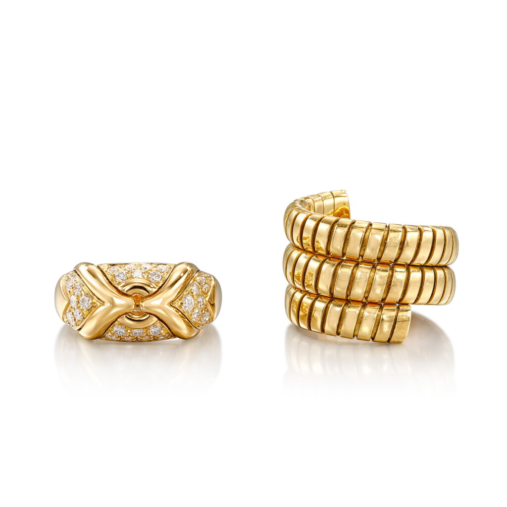 View full screen - View 1 of Lot 2955. 'Tubogas' Gold Ring; and 'Trika' Gold and Diamond Ring | 寶格麗 | 'Tubogas' K金 戒指; 及 'Trika' K金 配 鑽石戒指.