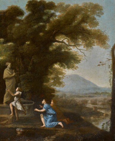 View full screen - View 1 of Lot 92. CIRCLE OF CLAUDE GELLÉE, CALLED CLAUDE LORRAIN | AN ARCADIAN LANDSCAPE WITH FIGURES BESIDE A STATUE.