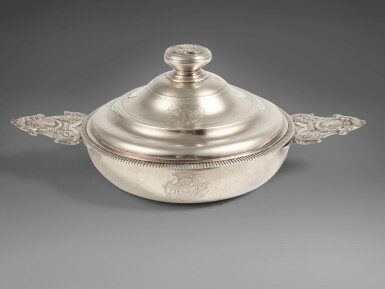 View full screen - View 1 of Lot 546. A Louis XV Silver Covered Écuelle, Claude-Antoine Thiebaud, Salins, 1730-1740.