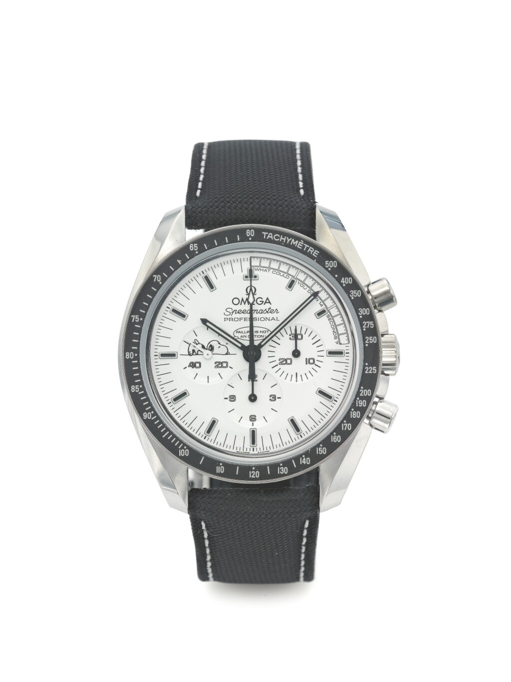 View full screen - View 1 of Lot 12. OMEGA | SPEEDMASTER APOLLO 13 - 45TH ANNIVERSARY "SILVER SNOOPY AWARD", A LIMITED EDITION STAINLESS STEEL CHRONOGRAPH WRISTWATCH WITH REGISTERS AND SILVER SNOOPY CASE BACK CIRCA 2015.