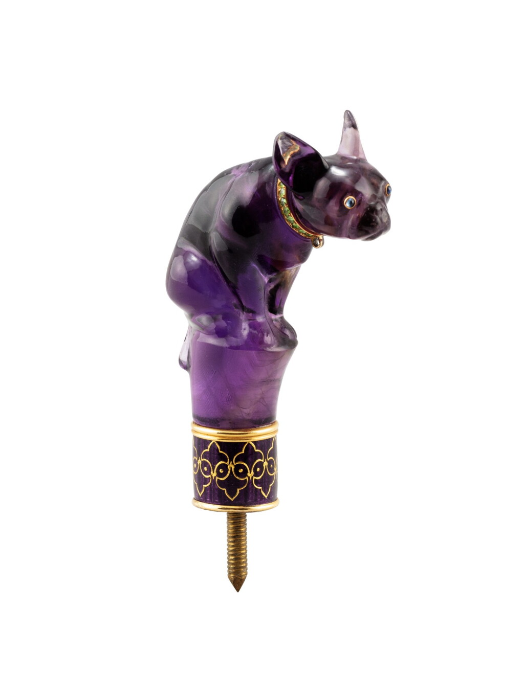 View full screen - View 1 of Lot 207. An amethyst umbrella handle in the shape of a seated bulldog, within fitted case, Paris, circa 1860 | Manche d'ombrelle en améthyste en forme de bouledogue, Paris, vers 1860, dans son écrin.