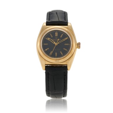 View full screen - View 1 of Lot 171. Retailed by Beyer: 'Bubbleback' Oyster Perpetual, Ref. 3131 Yellow gold wristwatch Circa 1938.