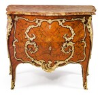 A GILT-BRONZE MOUNTED KINGWOOD AND TULIPWOOD VENEERED, AMARANTH MARQUETRY COMMODE, LOUIS XV, BY PIERRE II MIGEON, CIRCA 1750 | COMMODE EN PLACAGE DE BOIS DE VIOLETTE, BOIS DE ROSE, AMARANTE ET MARQUETERIE DE BOIS DE BOUT À MONTURE DE BRONZE DORÉ D'ÉPOQUE LOUIS XV, VERS 1750, PAR PIERRE II MIGEON