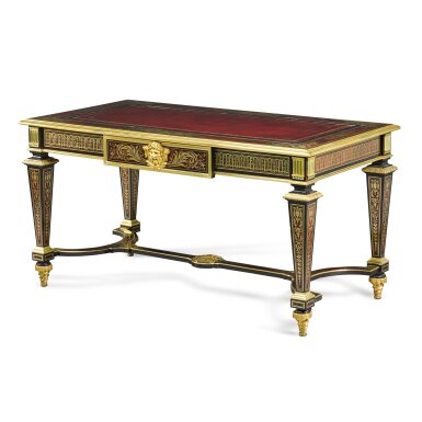 View full screen - View 1 of Lot 90. A Louis XIV style gilt-bronze mounted, gilt-brass and tortoiseshell 'Boulle' marquetry ebonised bureau plat by Henry Dasson, 1879.
