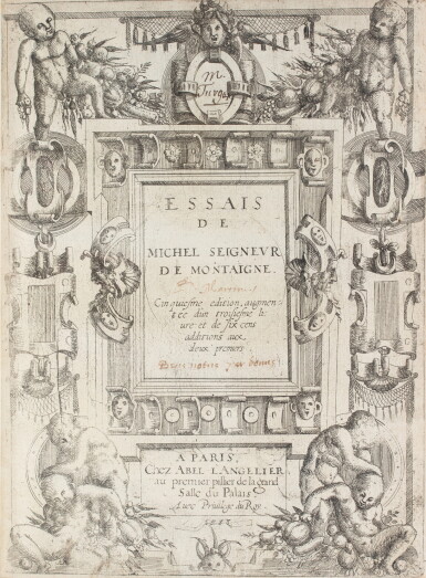 View full screen - View 1 of Lot 53. Essais. Abel L'Angelier, 1588. In-4. Maroquin vert. Édition originale. Bel exemplaire, grand de marges.