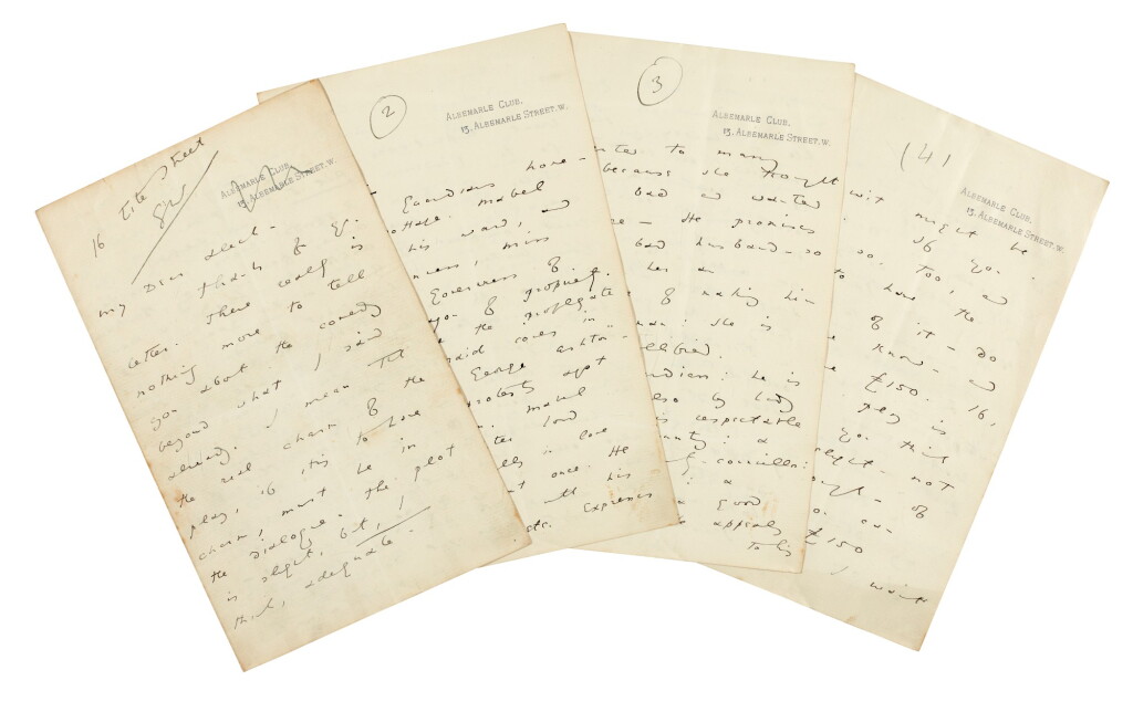 View full screen - View 1 of Lot 168. WILDE | Autograph letter signed, to George Alexander, outlining the plot of The Importance of Being Earnest, 1894.