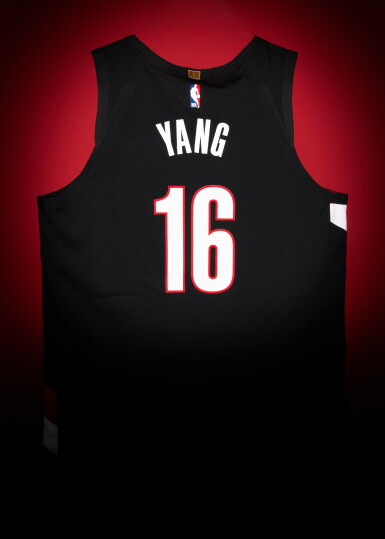 View full screen - View 1 of Lot 10. Yang Hansen ‘Rookie Debut’ Portland Trail Blazers 2025-2026 NBA Tip-Off Game Worn Icon Edition Jersey .