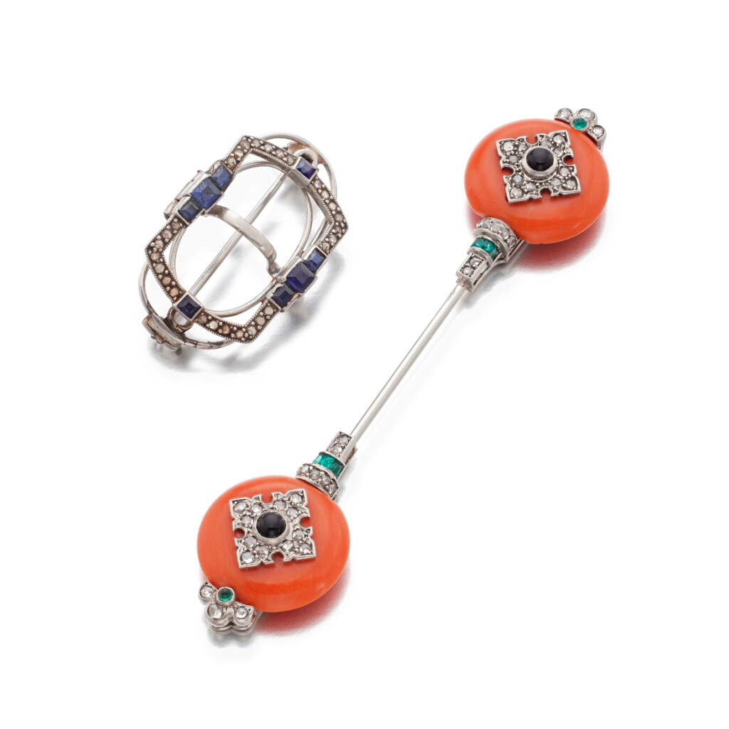 View full screen - View 1 of Lot 706. Sapphire and diamond brooch, Cartier and a coral, onyx, emerald and diamond pin.