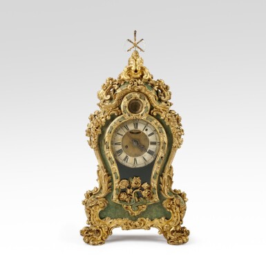 View full screen - View 1 of Lot 250. An Italian green-painted and parcel-gilt clock, Rome, mid-18th century.