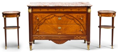 View full screen - View 1 of Lot 119. A SUITE OF NEOCLASSICAL STYLE GILT-BRONZE MOUNTED MAHOGANY AND SATINWOOD MARQUETRY FURNITURE 20TH CENTURY.