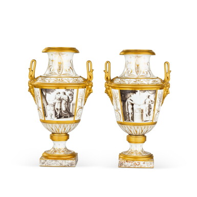 View full screen - View 1 of Lot 42. A pair of Paris or Bruxelles porcelain two-handled vases, circa 1810.