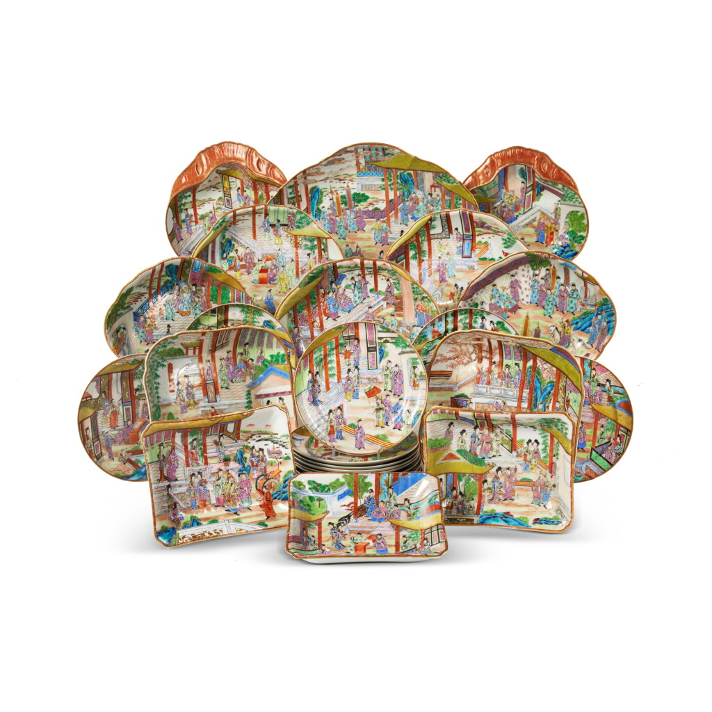 View full screen - View 1 of Lot 1106. A Chinese Export Canton Famille-Rose 'Figural' Dessert Service, Qing Dynasty, Mid-19th Century | 清十九世紀中葉 廣彩人物庭院圖餐具一組.