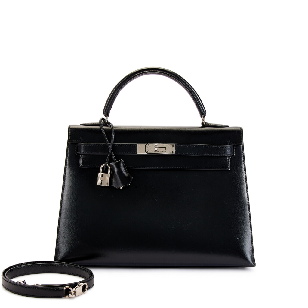 View full screen - View 1 of Lot 9777. Vintage Black Box Kelly 32 Sellier Palladium Hardware, 1998.