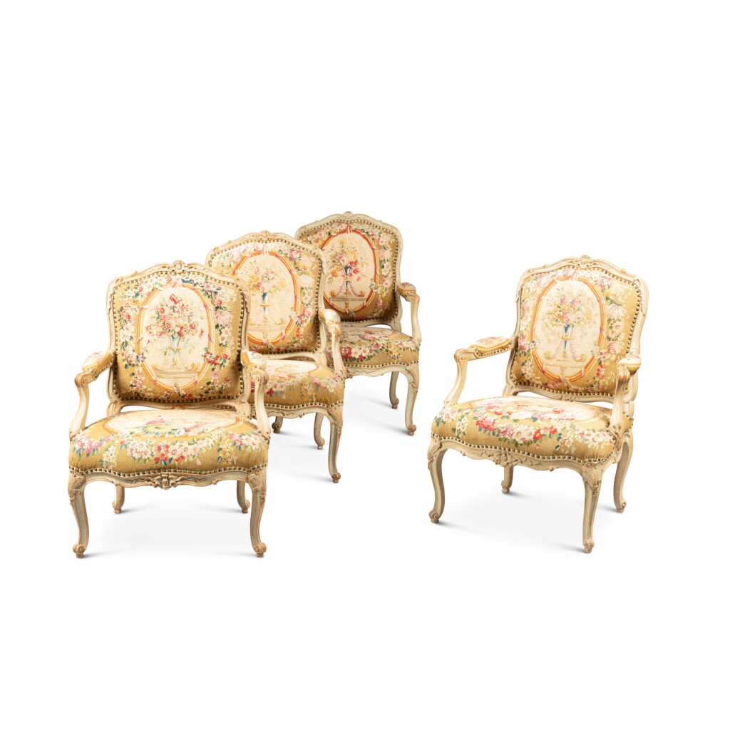 View full screen - View 1 of Lot 10. A set of four Louis XV grey lacquered wood à dossier plat armchairs, circa 1750, stamped by Louis I Cresson | Suite de quatre fauteuils à dossier plat en bois laqué gris d'époque Louis XV, vers 1750, estampille de Louis I Cresson.