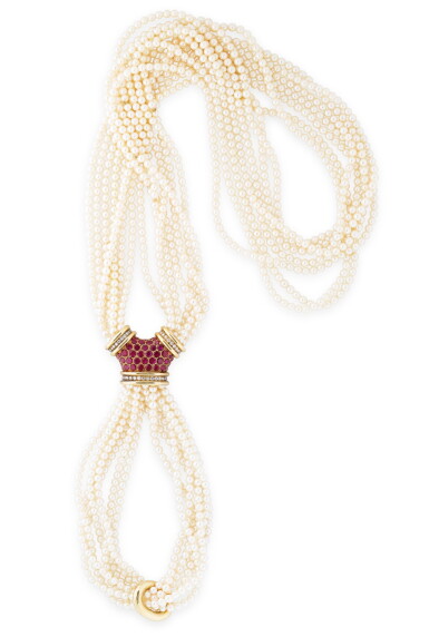 View full screen - View 1 of Lot 143. RENÉ BOIVIN | SAUTOIR PERLES DE CULTURE, RUBIS ET DIAMANTS | CULTURED PEARL, RUBY AND DIAMOND SAUTOIR .