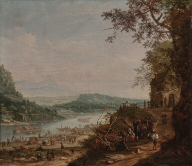 View full screen - View 1 of Lot 55. River landscape of the Rhine Valley, with boats, villagers, and hillside dwellings .