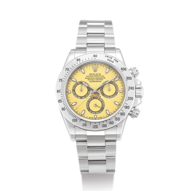 View full screen - View 1 of Lot 2235. ROLEX | COSMOGRAPH DAYTONA, REFERENCE 116520 A STAINLESS STEEL CHRONOGRAPH WRISTWATCH WITH CITRUS DIAL AND BRACELET, CIRCA 2000 " | 勞力士 | Cosmograph Daytona 型號116520 精鋼計時鏈帶腕錶,備橘色錶盤,錶殼編號P884240,約2000年製".
