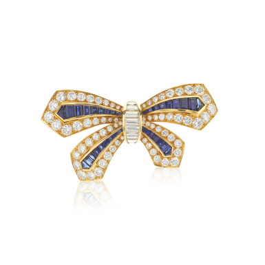 View full screen - View 1 of Lot 952. Sapphire and diamond brooch, 1980s.