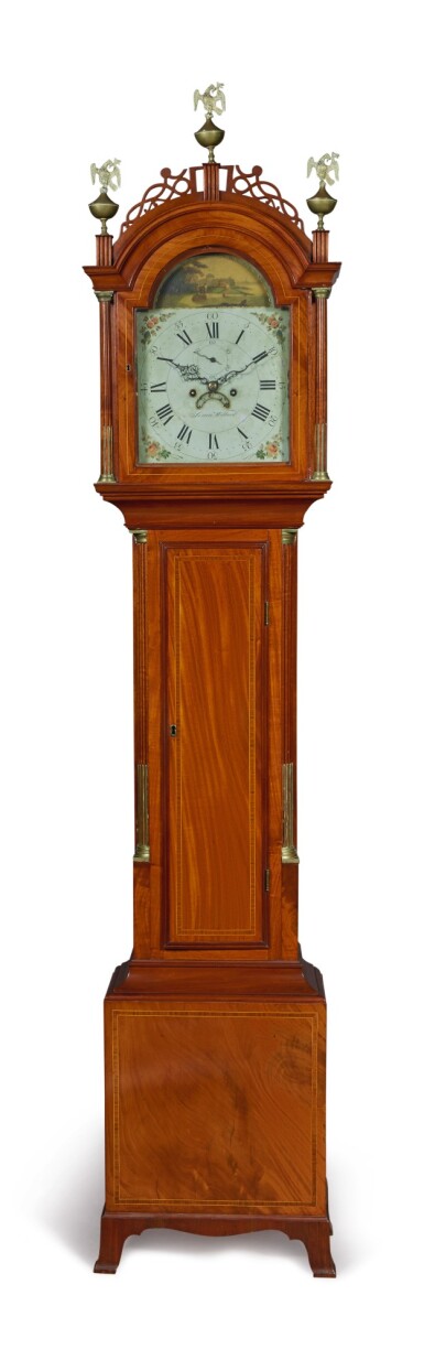 View full screen - View 1 of Lot 115. Fine Federal Inlaid and Figured Mahogany Tall Case Clock, works by Simon Willard (1753-1848), Roxbury, Massachusetts, circa 1810.