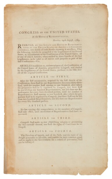 View full screen - View 1 of Lot 71. United States House of Representatives (Bill of Rights) | The first separate printing of the Bill of Rights.