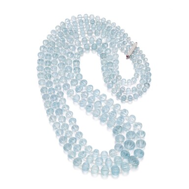 View full screen - View 1 of Lot 626. Aquamarine, seed pearl, ruby and diamond necklace.