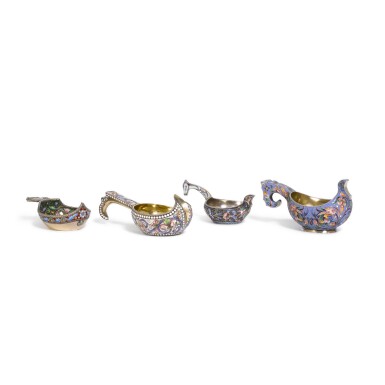 View full screen - View 1 of Lot 610. A group of four small silver-gilt cloisonné enamel kovshes, various makers and dates, Russia, late 19th to early 20th century.