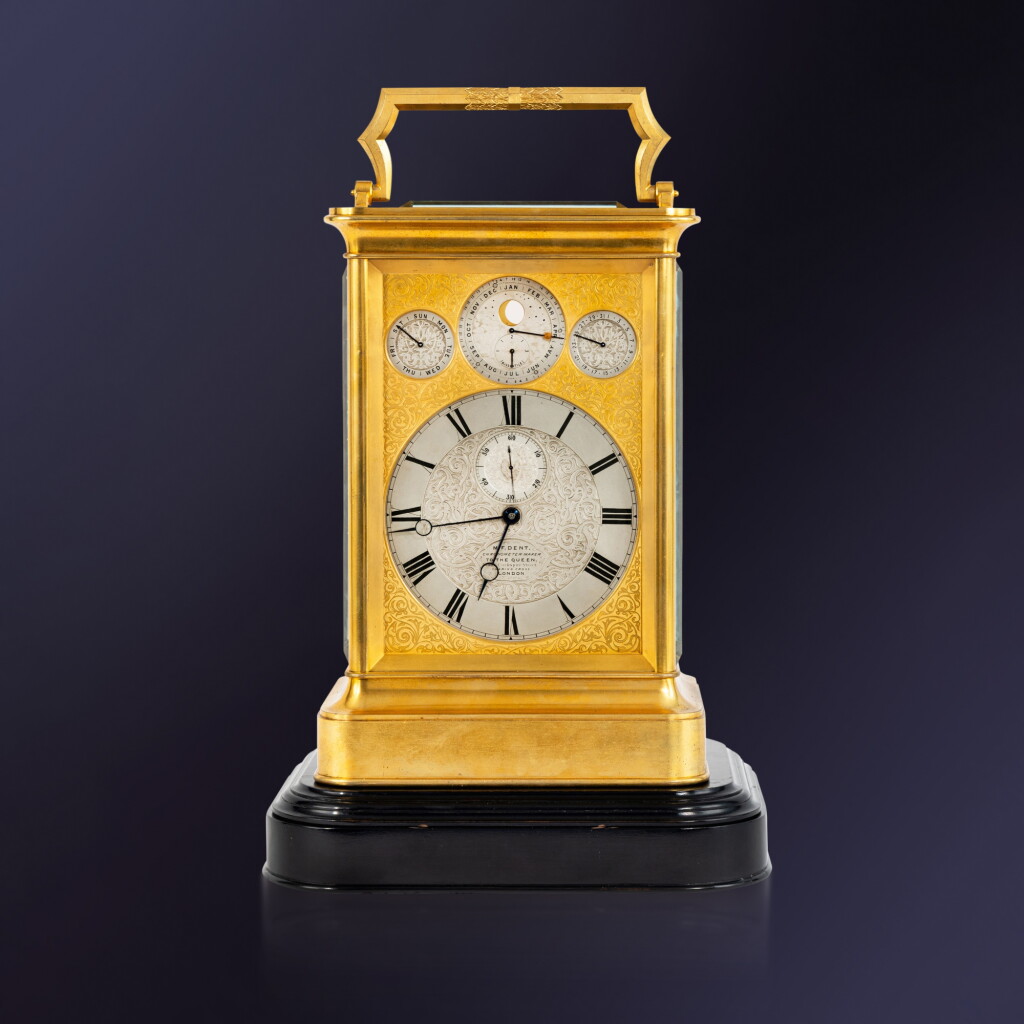 View full screen - View 1 of Lot 29. An important giant chronometer carriage clock with perpetual calendar, moon phases, Whittington chimes and equation of time on turntable base, No. 25262, 1865.
