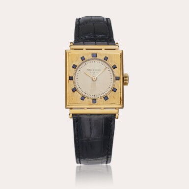 View full screen - View 1 of Lot 16. Reference 482 Gondolo | A yellow gold and sapphire-set square shaped wristwatch, Made in 1951.