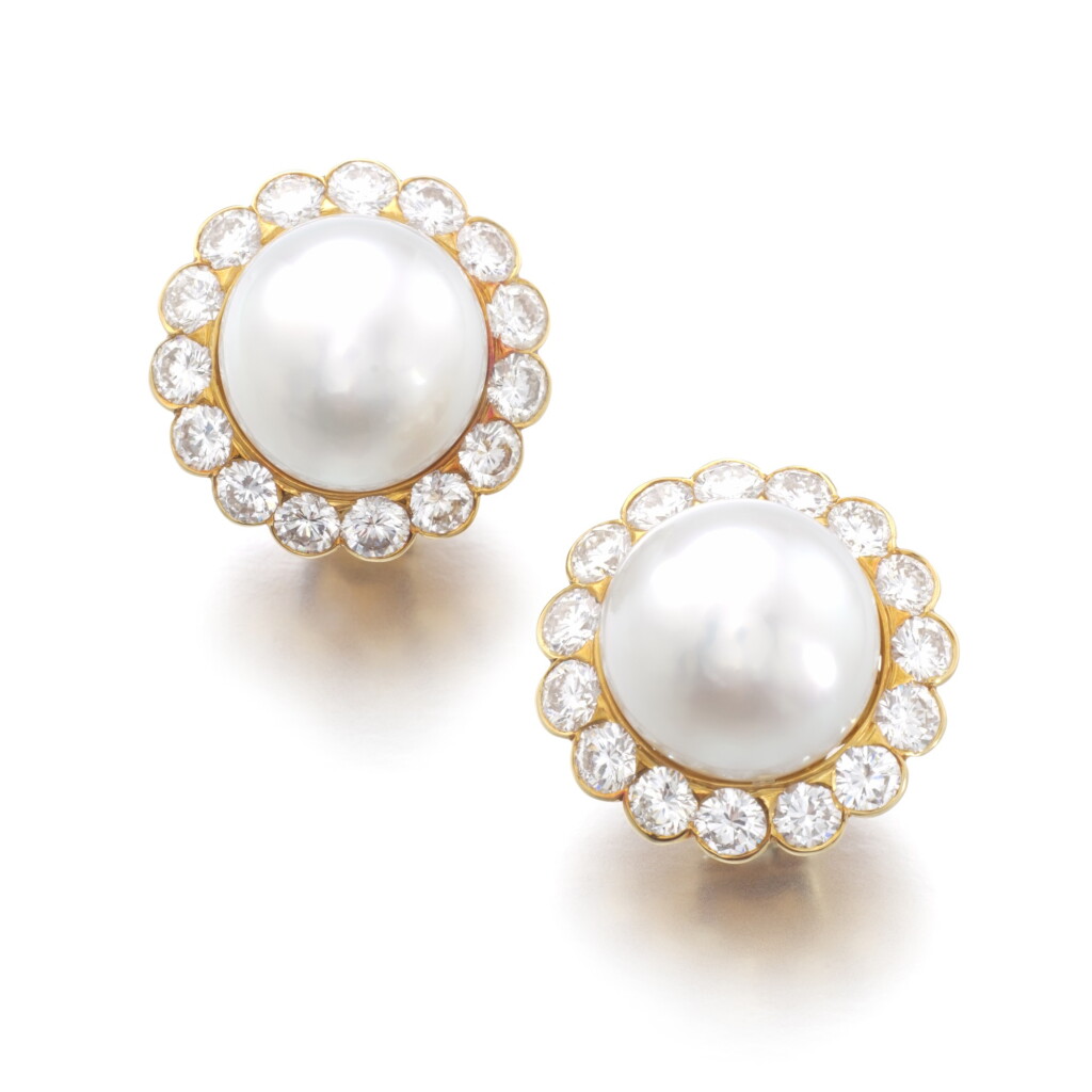 View full screen - View 1 of Lot 526. VAN CLEEF & ARPELS | PAIR OF CULTURED PEARL AND DIAMOND EAR CLIPS.