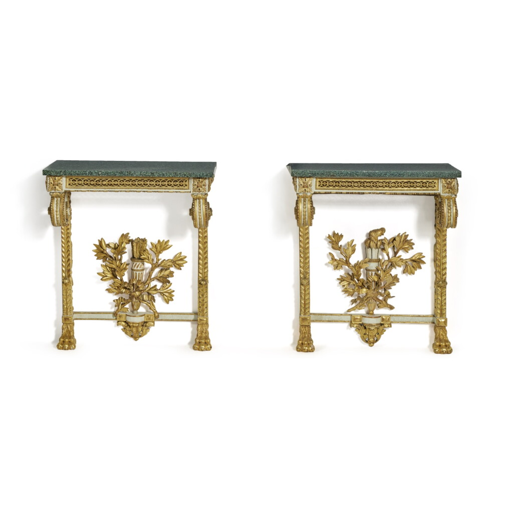 View full screen - View 1 of Lot 1087. A Pair of Louis XVI Parcel-Gilt and White-Painted Console Tables, Possibly Swedish, Circa 1790 .
