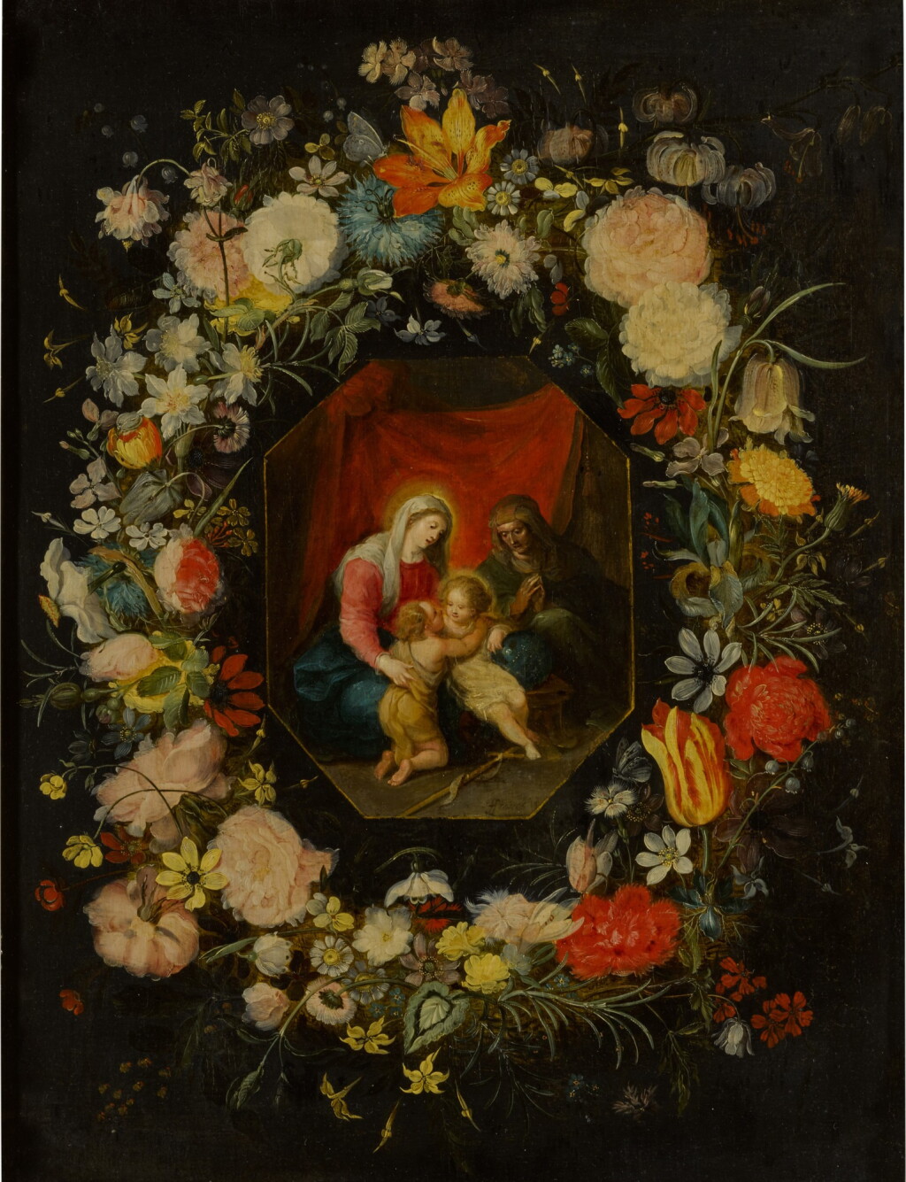 View full screen - View 1 of Lot 40. Madonna and Child with St. Anne and St. John the Baptist, surrounded by a flower garland.