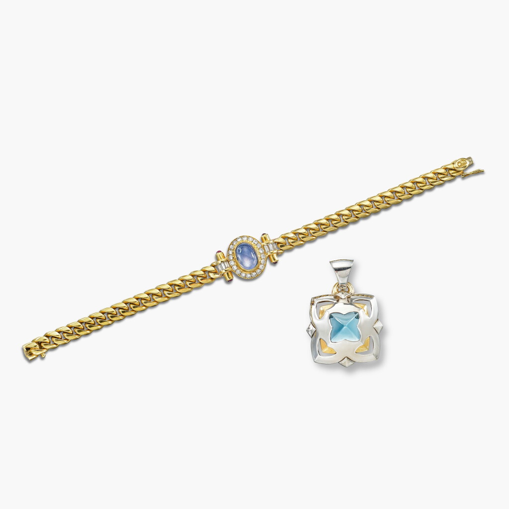 View full screen - View 1 of Lot 1390. Sapphire, Coloured Stone and Diamond Bracelet and Topaz Pendant | 寶格麗 | 藍寶石 配 寶石 及 鑽石手鏈 及 托帕石 掛墜.