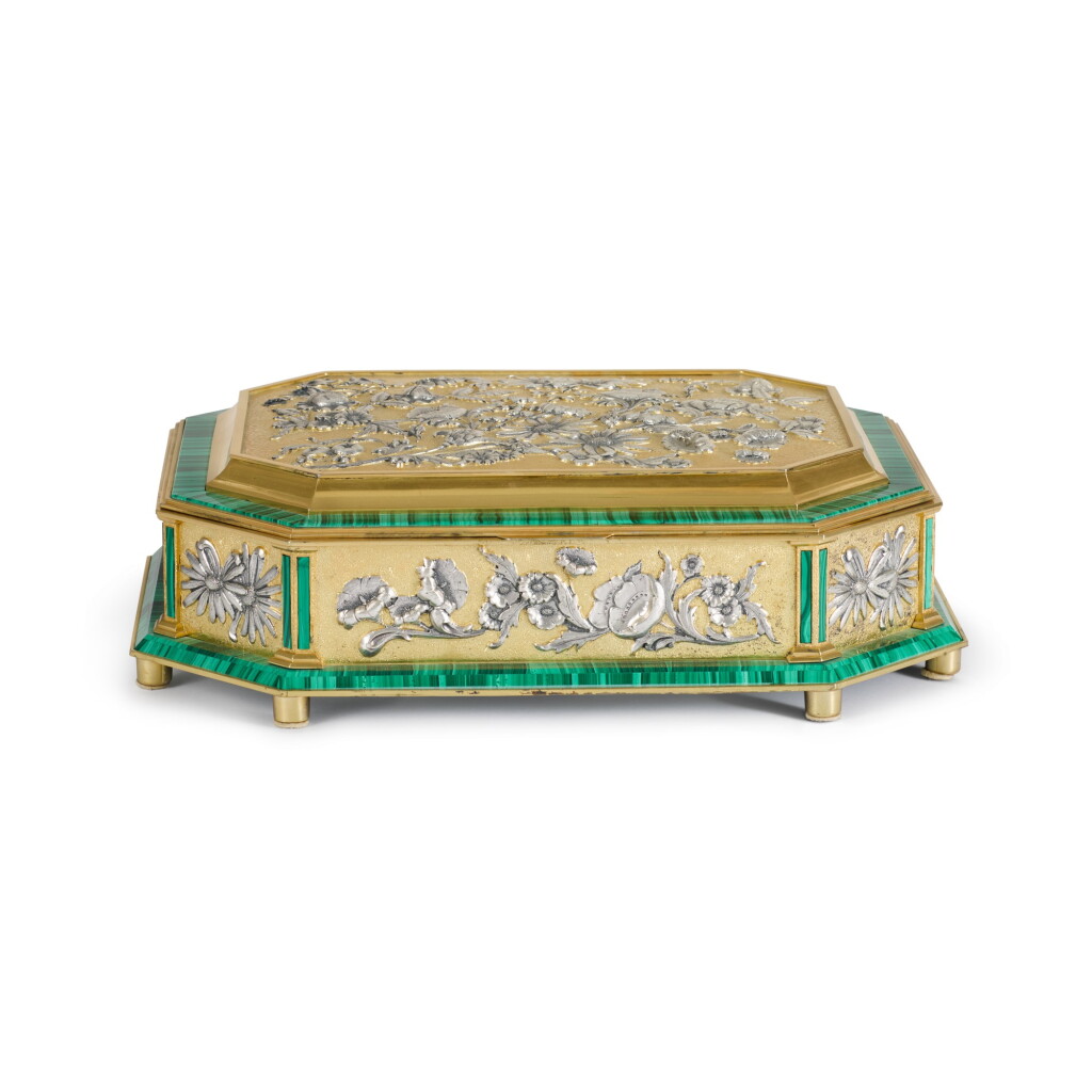 View full screen - View 1 of Lot 32. A large Italian parcel-gilt silver and malachite cigar box, retailed by Capuano, Rome, circa 1970.
