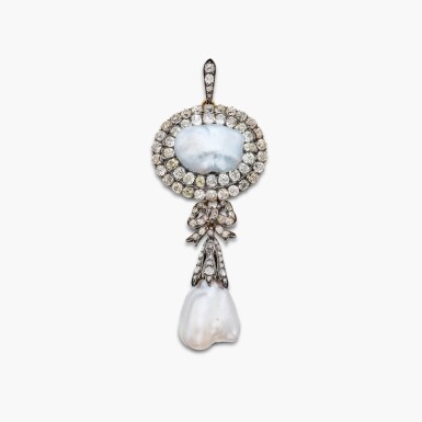 View full screen - View 1 of Lot 557. Silver-Topped Gold, Natural Pearl and Diamond Pendant.