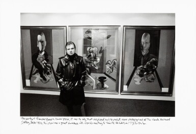 View full screen - View 1 of Lot 38. Francis Bacon with his Triptych 1976 at the George Bernard Gallery, Paris, 1977 | Francis Bacon avec son Triptyque 1976 à la Galerie George Bernard, Paris, 1977.